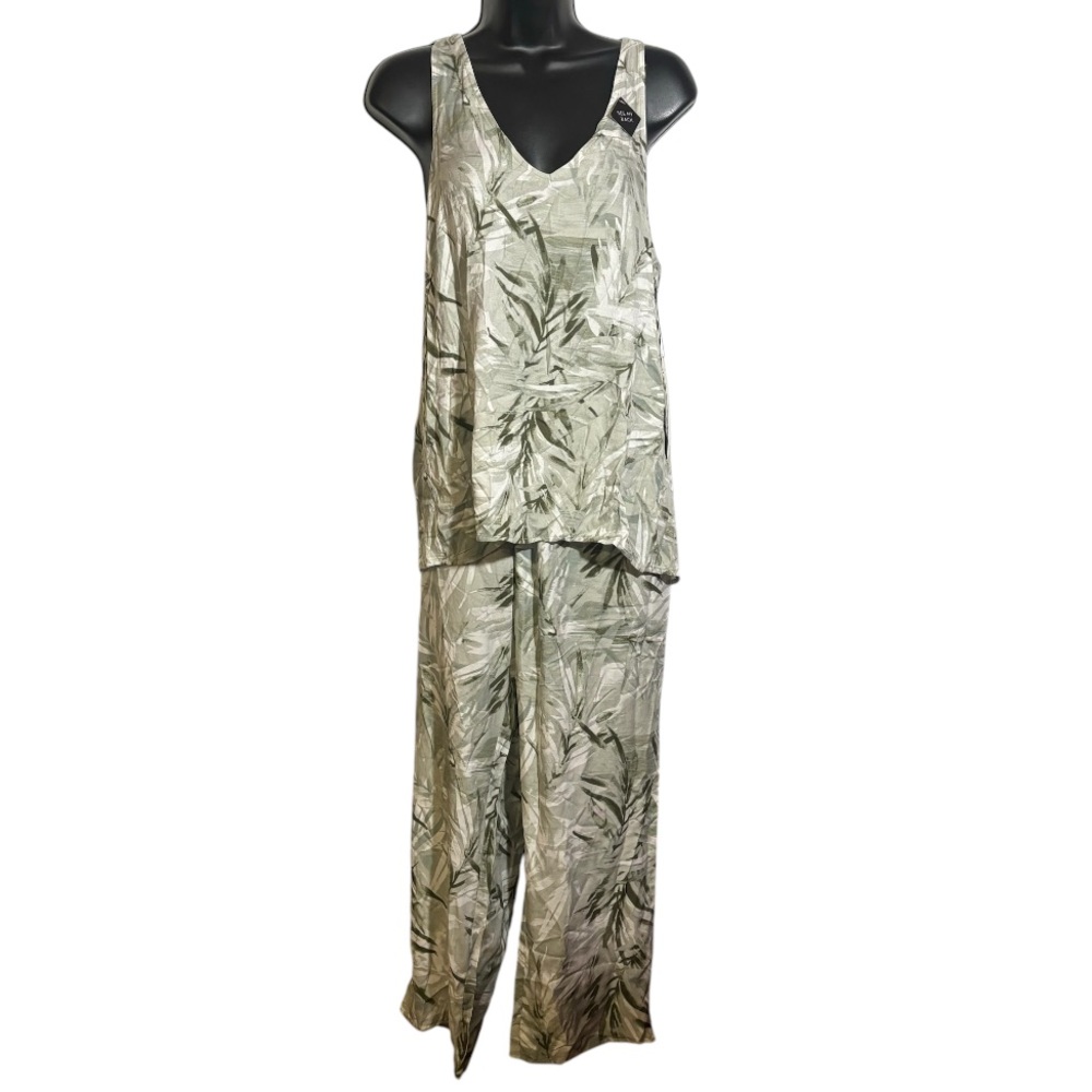 Nicole Miller Crop Pants and Fly Away Tank Two Piece Set Sage Palm Print Medium